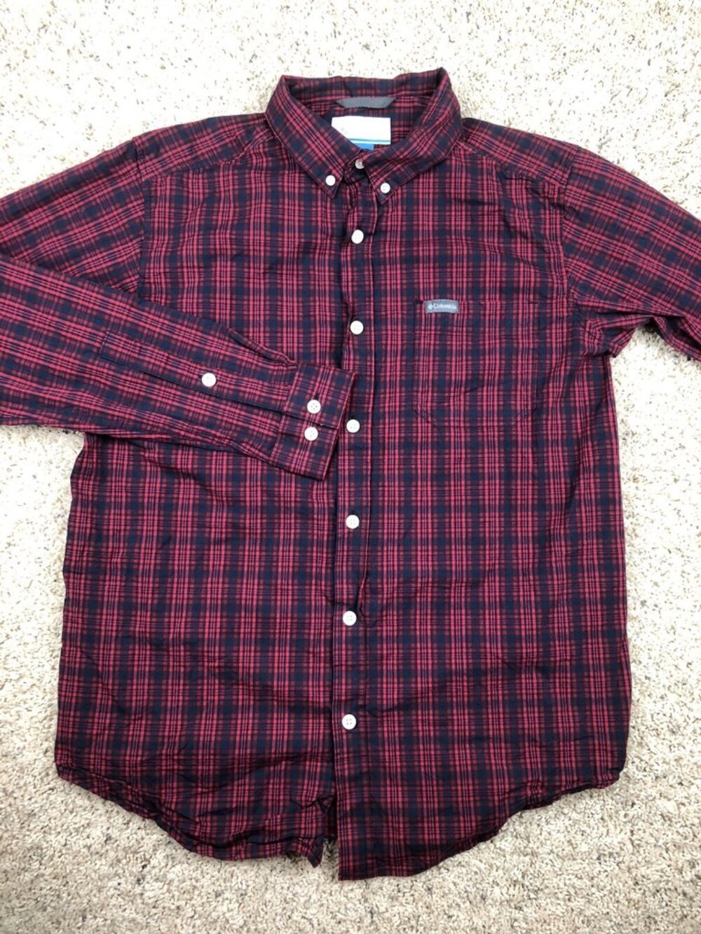 Columbia Medium Red Navy Plaid Button up shirt Long Sleeve 100% Cotton Outdoors
